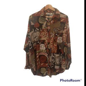 Jeri Marque New York Vintage Abstract Print Long Sleeve Button Down Top